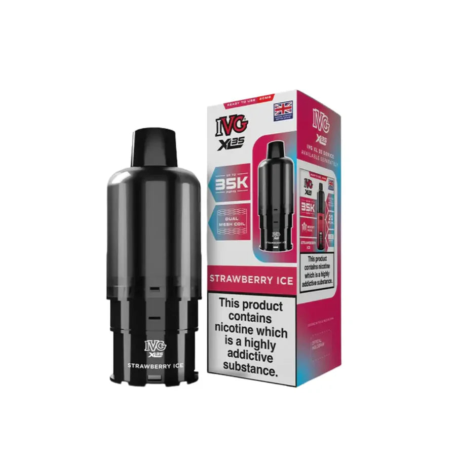 Black vape device with IVG packaging on a white background