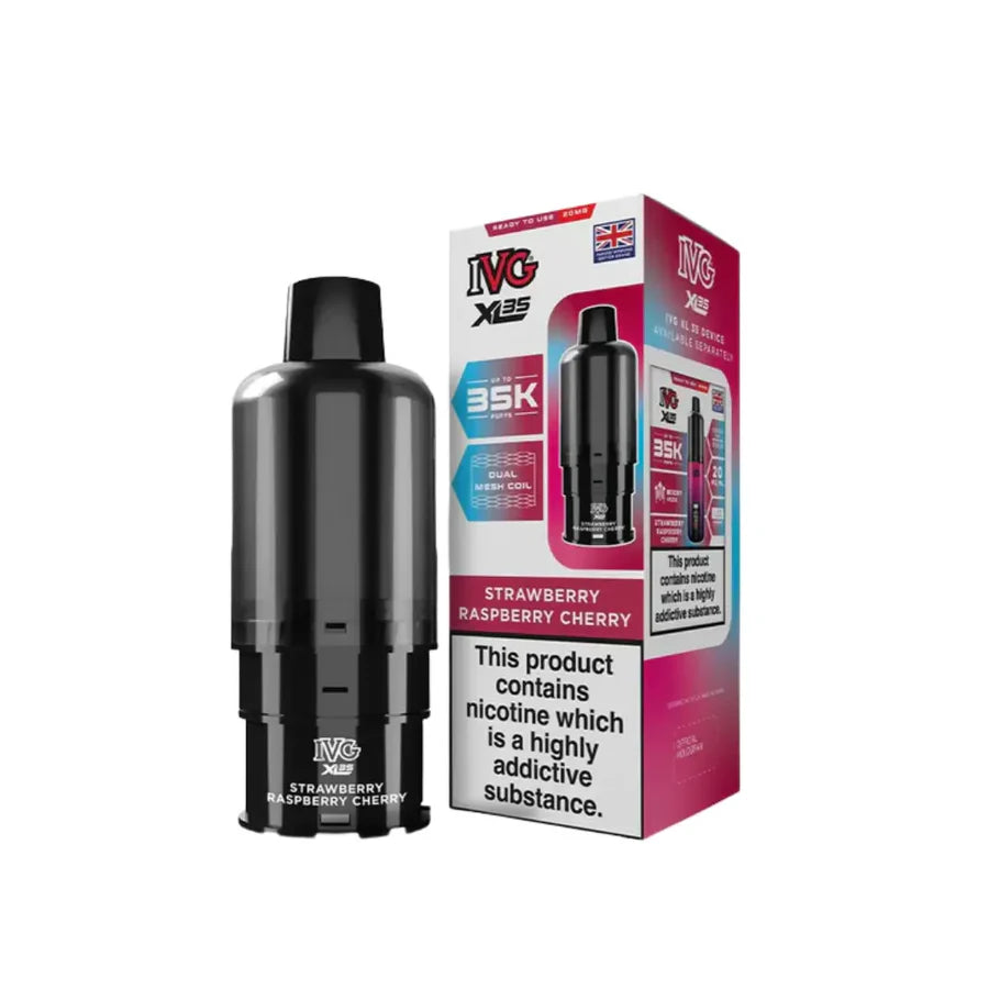 Black vape device with IVG packaging on a white background