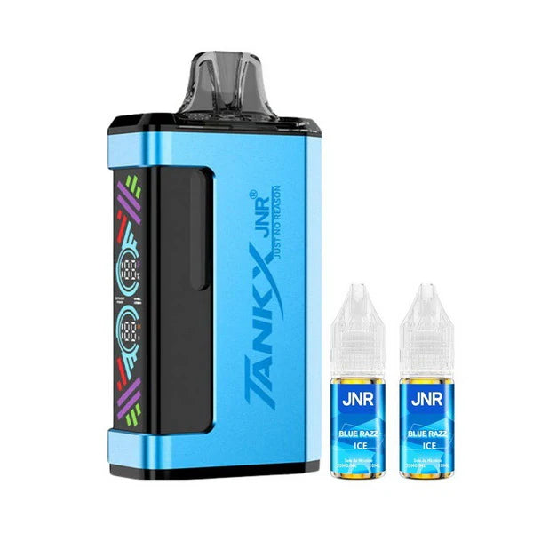 Blue and black vape device with two bottles of JNR Blue Razz Ice e-liquid on a white background