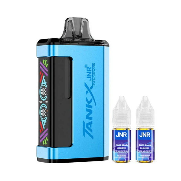 Blue and black vaping device with JNR branding on a white background