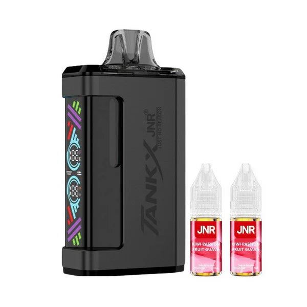 Black vape device with 'JNR' branding and two JNR e-liquid bottles on a white background