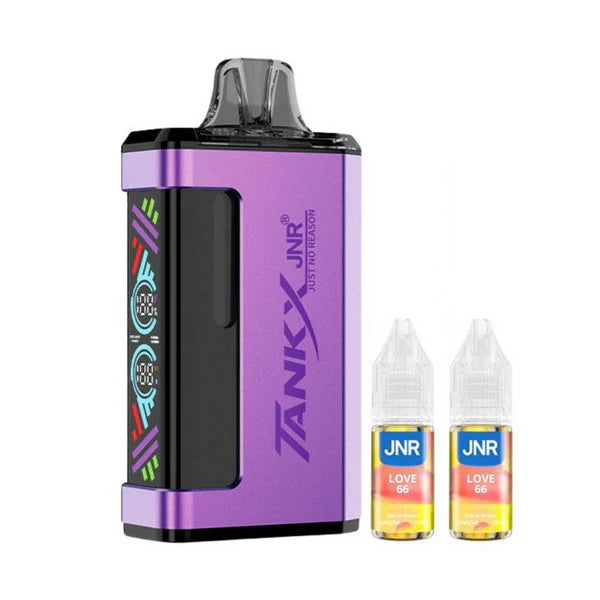Purple vape device with 'JNR' branding and two bottles of JNR e-liquid on a white background