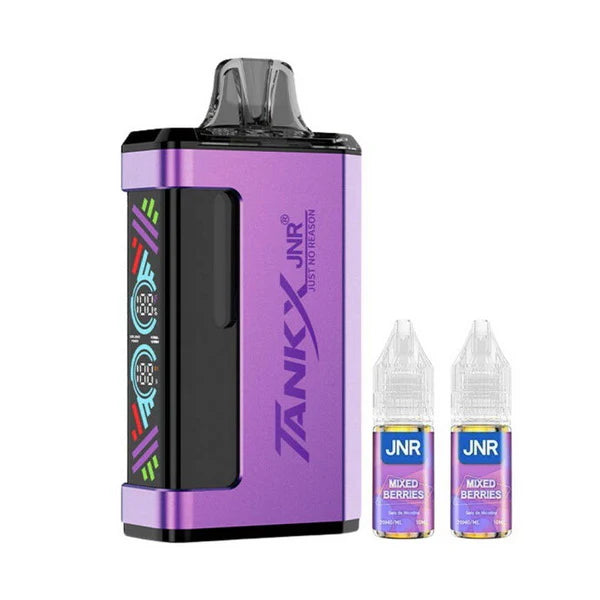 Purple vaping device with 'JNR' branding and two bottles of 'Mixed Berries' flavor on a white background.