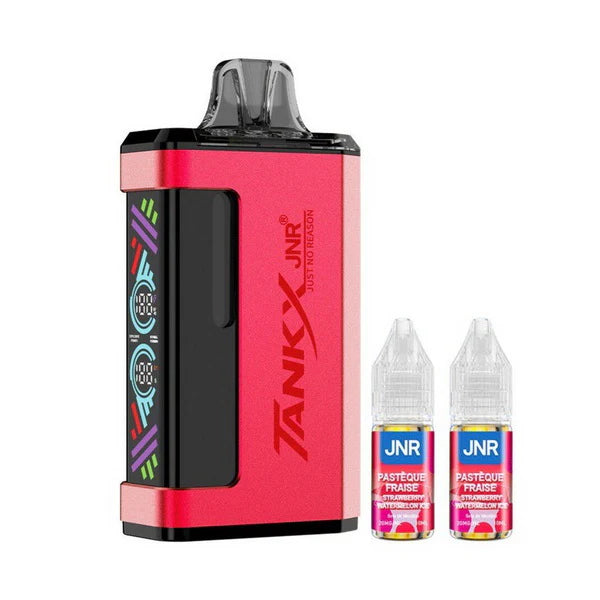 Red and black vape device with JNR branding and two JNR e-liquid bottles on a white background