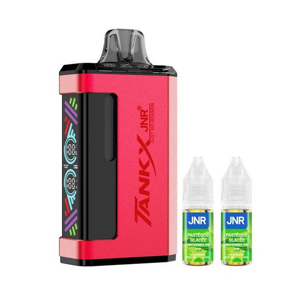 Red vape device with 'JNR' branding and two green bottles of e-liquid on a white background