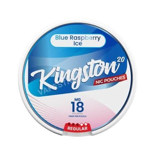 Kingston Nicotine Pouches Blue Raspberry Ice in a round tin, offering sweet blue raspberry flavour with a cool icy finish and strong nicotine in a tobacco-free pouch.