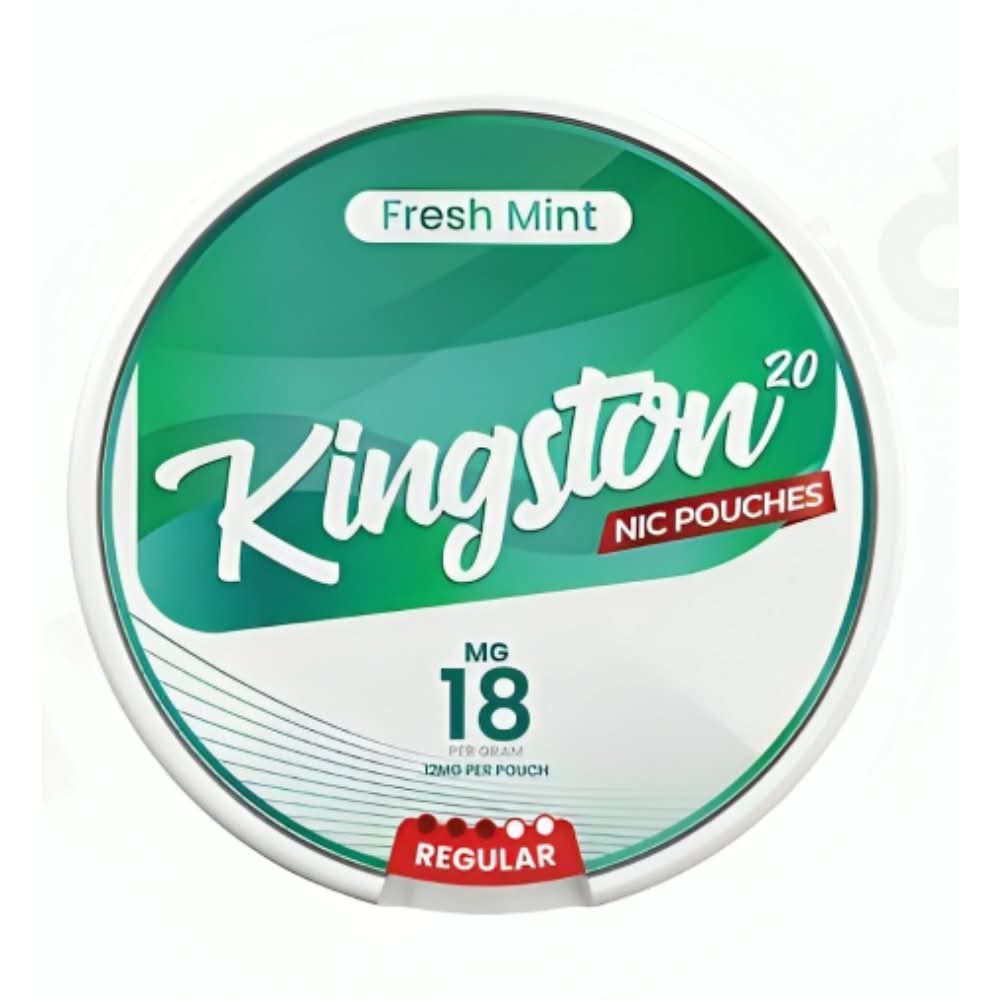 Kingston Nicotine Pouches Fresh Mint in a round tin, offering a crisp and refreshing mint flavour with strong nicotine in a clean, tobacco-free pouch.