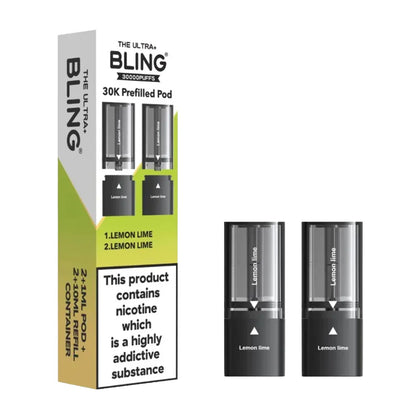 Bling vape pod packaging with lemon lime flavor on a white background