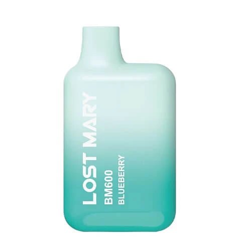 Lost Mary BM600 Blueberry prefilled pod kit in a compact device, offering 20 mg nicotine with smooth blueberry flavor in 600 puffs.