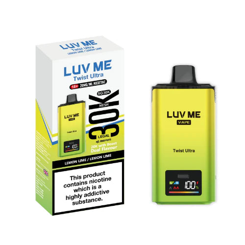 Yellow LUV ME vape device with packaging on a white background