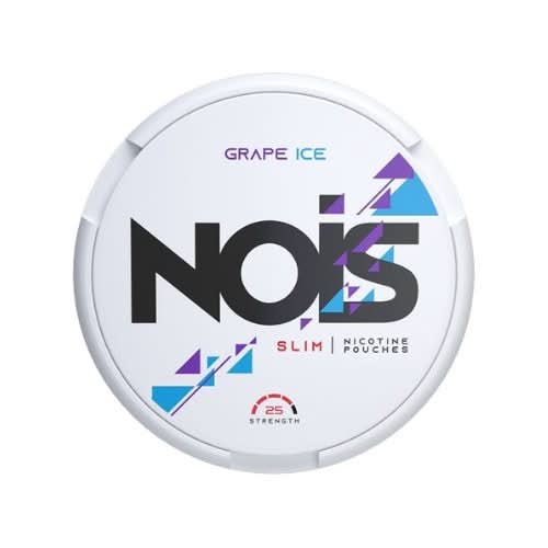Nois Nicotine Pouches Grape Ice in a round can, featuring a fruity grape flavour with an icy cool finish and strong nicotine in a tobacco-free pouch.

