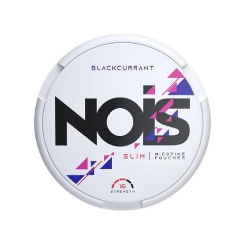 Nois Nicotine Pouches Blackcurrant in a round can, featuring a rich and tangy blackcurrant flavour with strong nicotine in a clean, tobacco-free pouch.