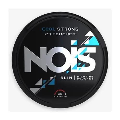Nois Nicotine Pouches Cool Strong Pack of 5, featuring icy menthol flavour with high nicotine strength in discreet, tobacco-free round pouch cans.