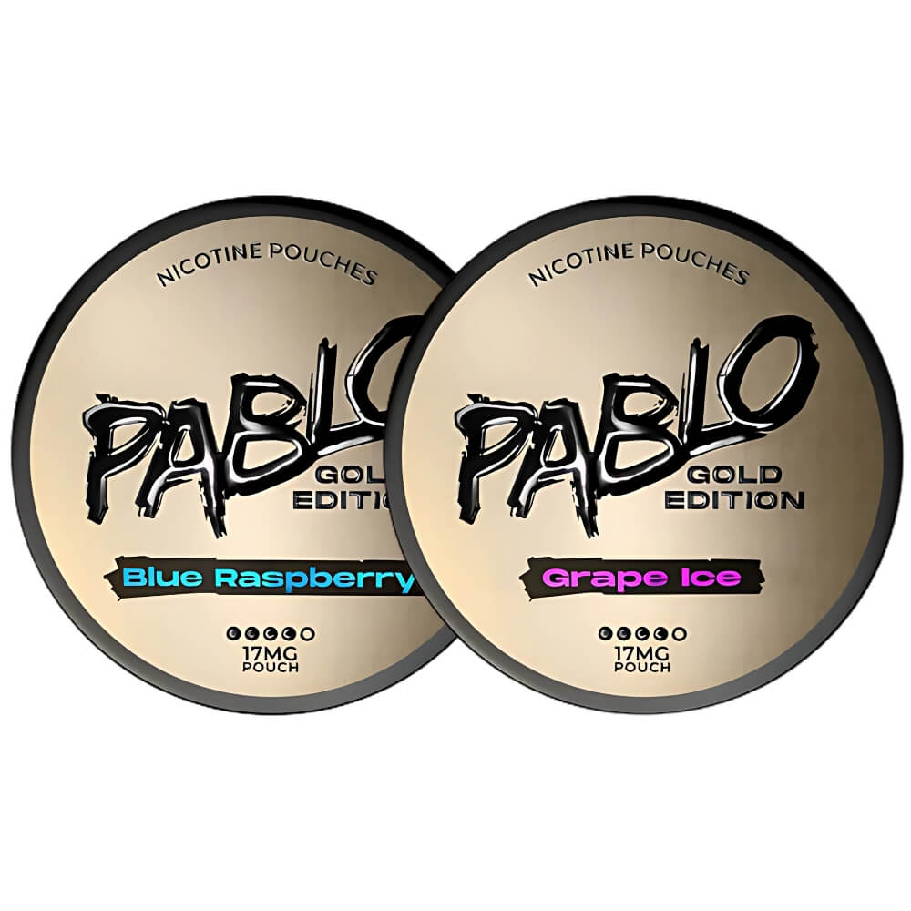 Pablo Gold Edition Nicotine Pouches pack of 10 with bold strength and tobacco-free formula in gold round cans.