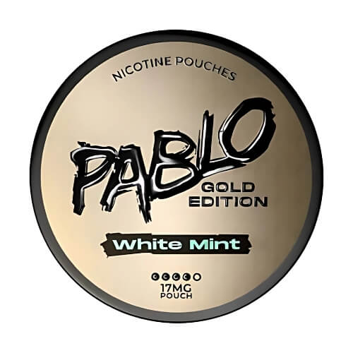 Pablo Gold Edition White Mint in a round tin, offering a clean and crisp mint flavour with 17mg nicotine strength in a sleek, tobacco-free pouch.