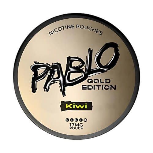 Pablo Gold Edition Kiwi in a round can, offering a tangy and refreshing kiwi flavour with 17mg nicotine strength in a smooth, tobacco-free pouch.