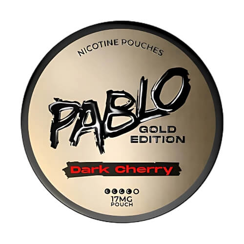 Pablo Gold Edition Dark Cherry in a round can, delivering rich dark cherry flavour with bold 17mg nicotine strength in a smooth, tobacco-free pouch.