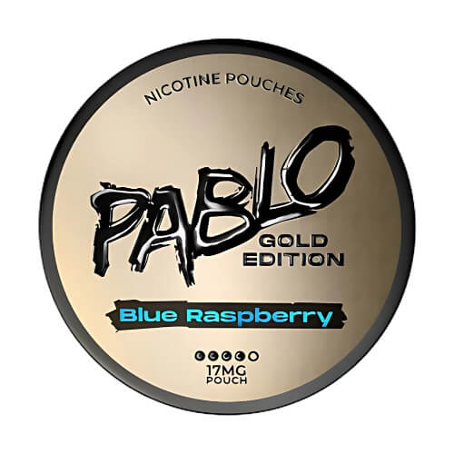 Pablo Gold Edition Blue Raspberry Nicotine Pouches in a round gold can with a sweet and icy berry flavour burst.