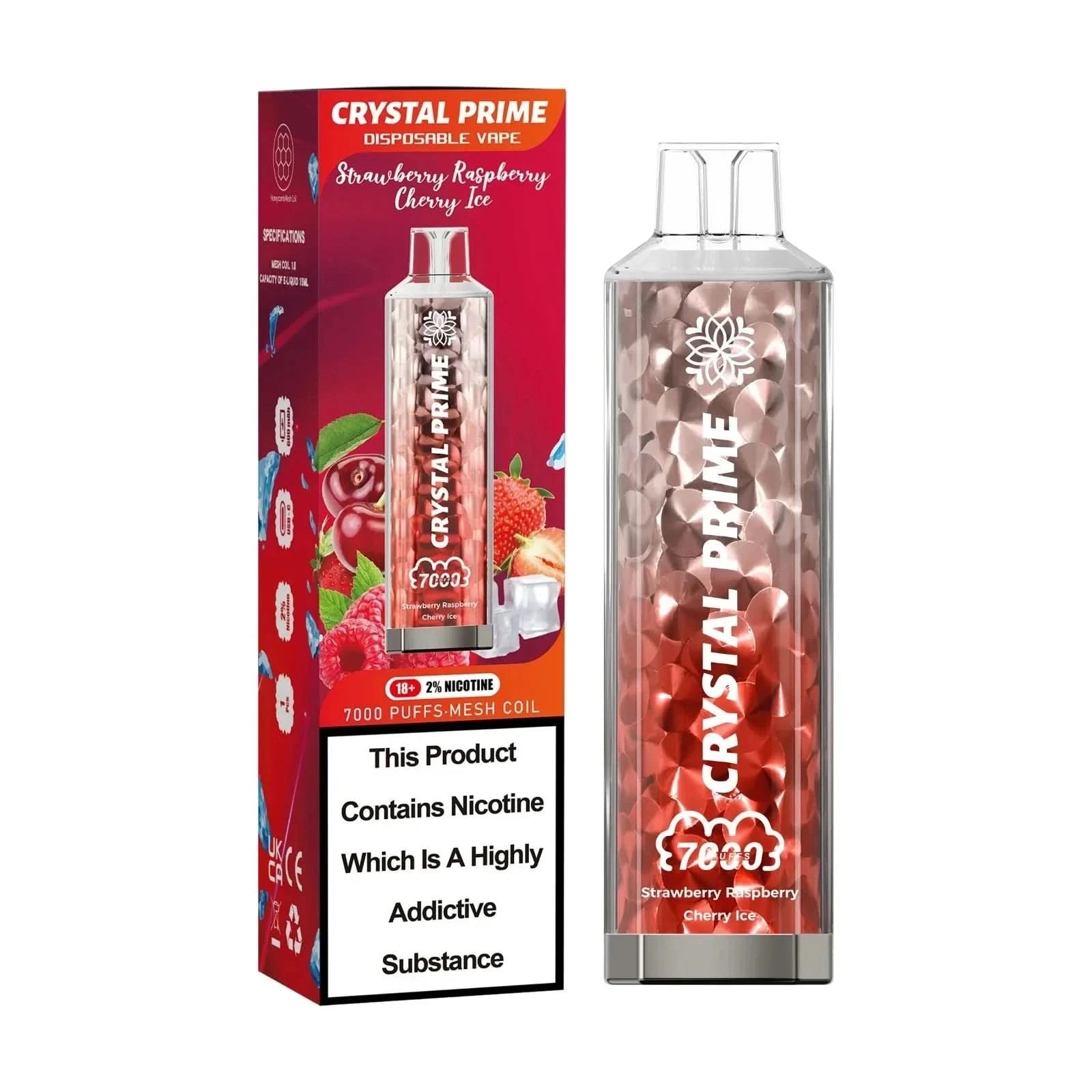 Pack of 5 Crystal Prime 7000 Puffs Disposable Vape - Eliquid Base - Strawberry Raspberry Cherry Ice