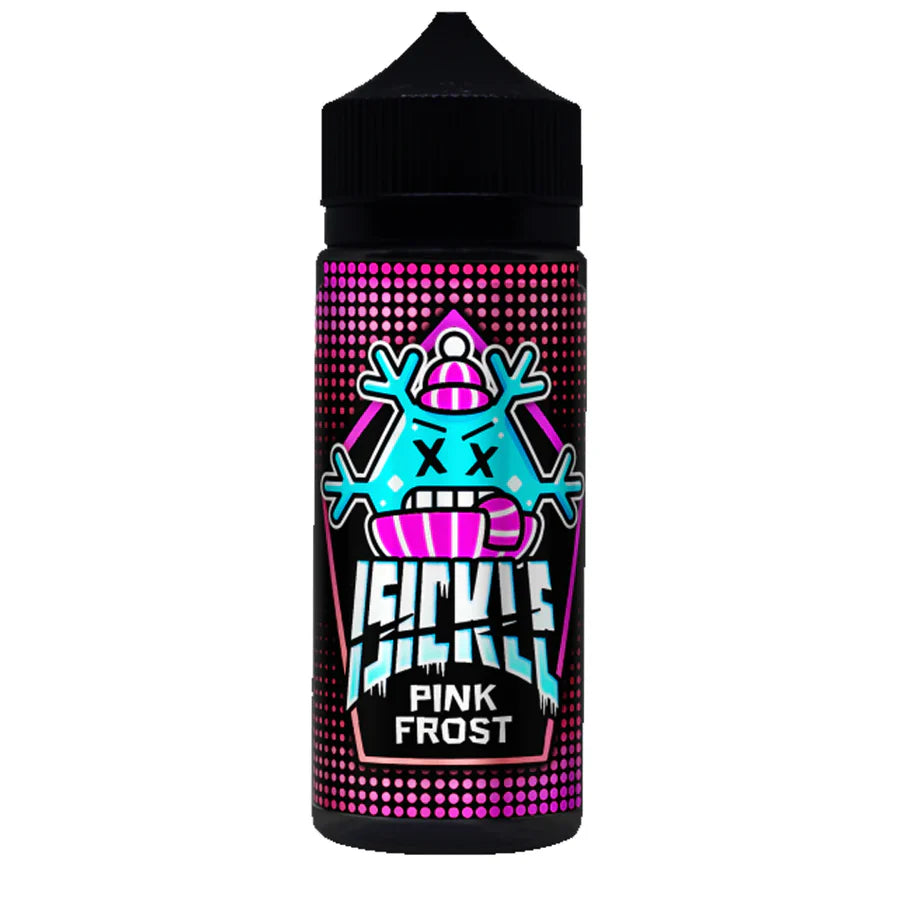 Vape juice bottle with colorful design and text on a white background