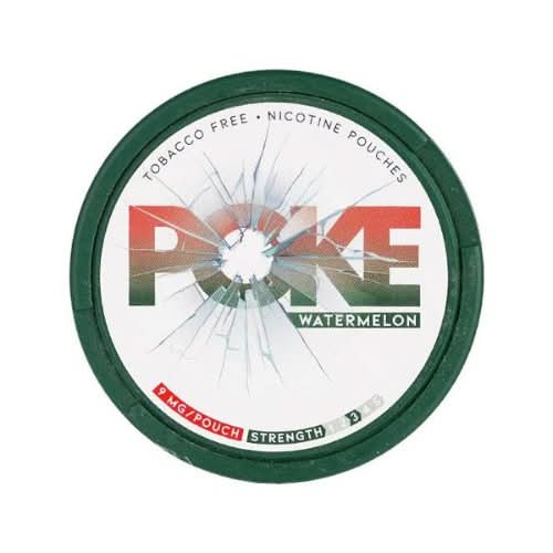 POKE Nicotine Pouches Watermelon in a round tin, offering a juicy and refreshing watermelon flavour with bold nicotine in a smooth, tobacco-free pouch.