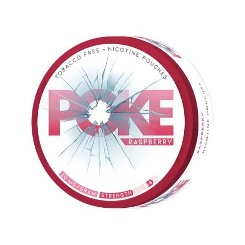 POKE Nicotine Pouches Raspberry Pack of 10 in round cans, bursting with sweet raspberry flavour and a strong nicotine kick in tobacco-free pouches.