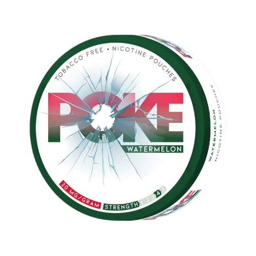 POKE Nicotine Pouches Watermelon Pack of 10 in round cans, featuring juicy watermelon flavour with a powerful nicotine hit in tobacco-free pouches.