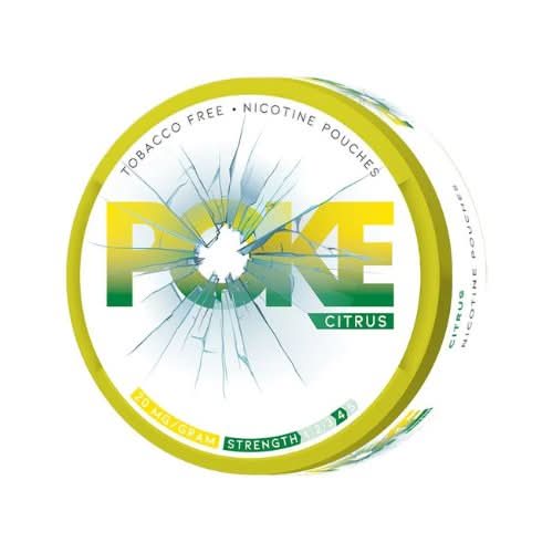 POKE Nicotine Pouches Citrus Pack of 10 in round cans, delivering a zesty citrus flavour with a sharp nicotine hit in smooth, tobacco-free pouches.