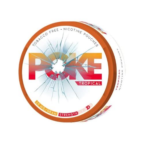 POKE Nicotine Pouches Tropical Pack of 5 in round tins, blending exotic tropical fruits with bold nicotine in smooth, tobacco-free pouches.