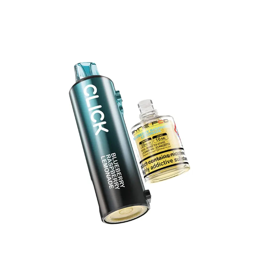 Vape device with 'CLICK' branding and a bottle of vape juice on a white background