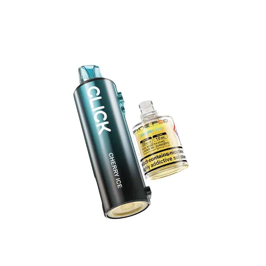 Vape device with 'CLICK' branding and a bottle of e-liquid on a white background