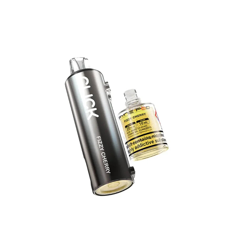 Vape device and bottle of Fizzy Cherry flavor on a white background