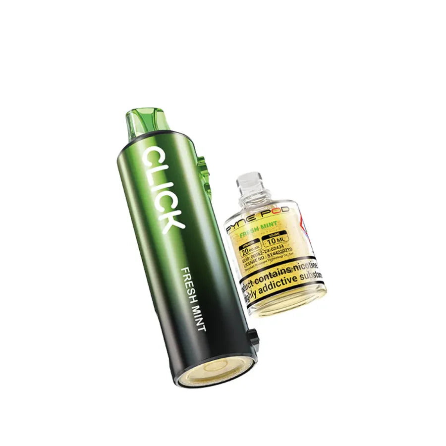 Green vape device labeled 'CLICK' with a yellow bottle of vape juice on a white background