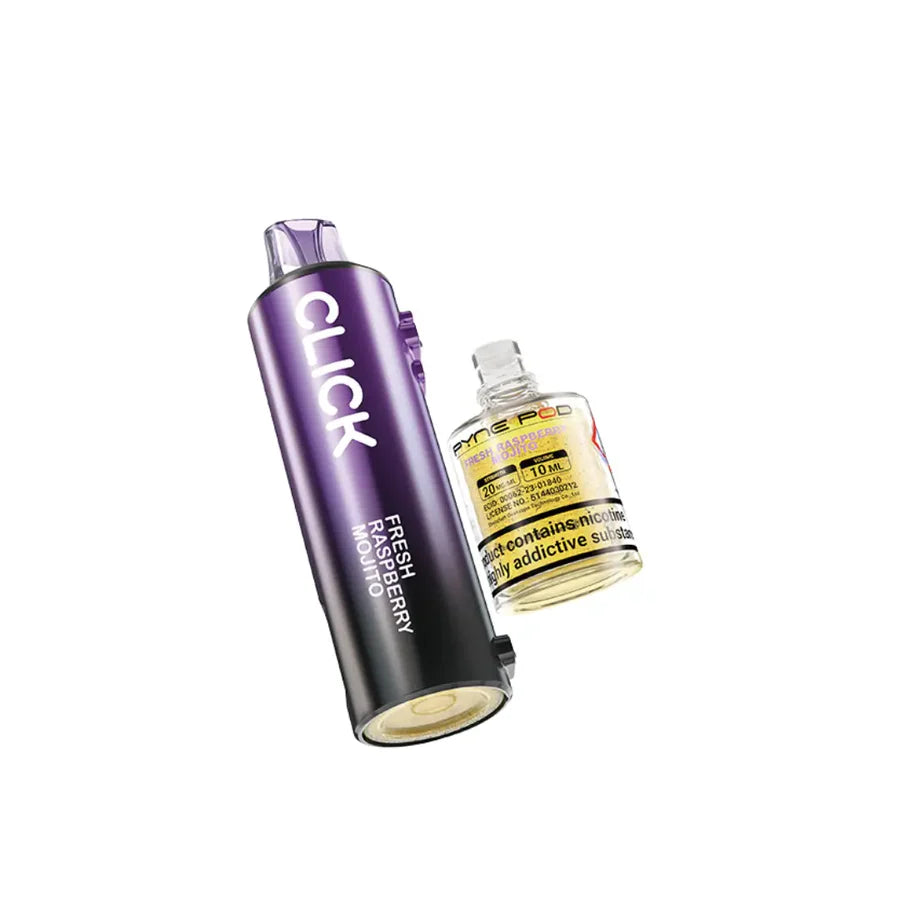 Vape device with 'CLICK' branding and a separate bottle of liquid on a white background