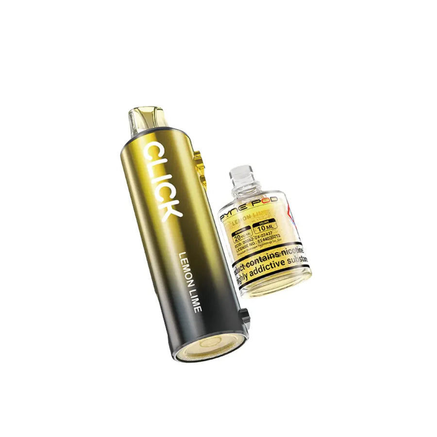 Gold and black vape device with lemon lime flavor on a white background