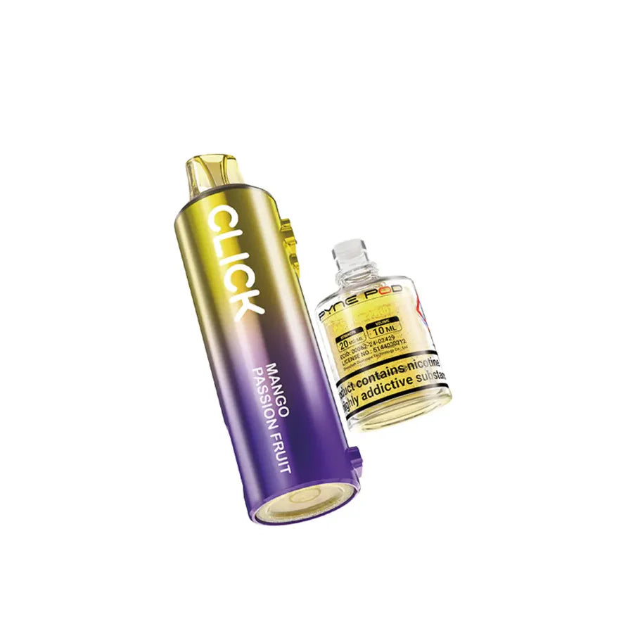 Vape device with 'CLICK' branding and a small bottle of liquid on a white background