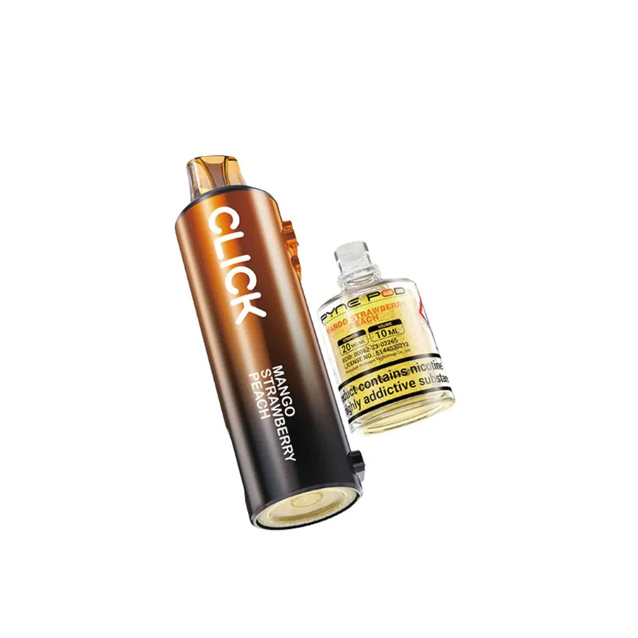Vape device with a clear container labeled 'PYX' on a white background