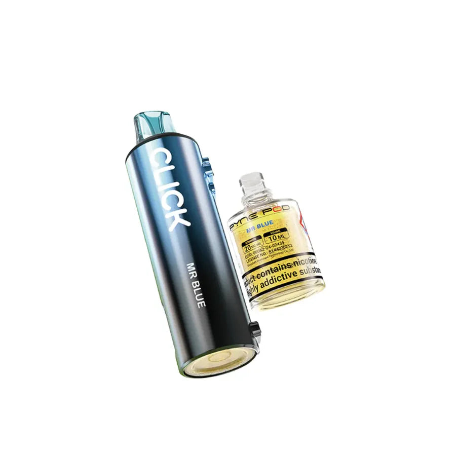 Blue vape device with a bottle labeled 'MR BLUE' on a white background