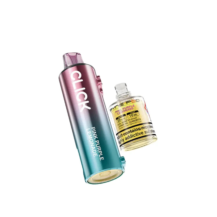 Vape device with pink and blue gradient and a bottle of liquid on a white background