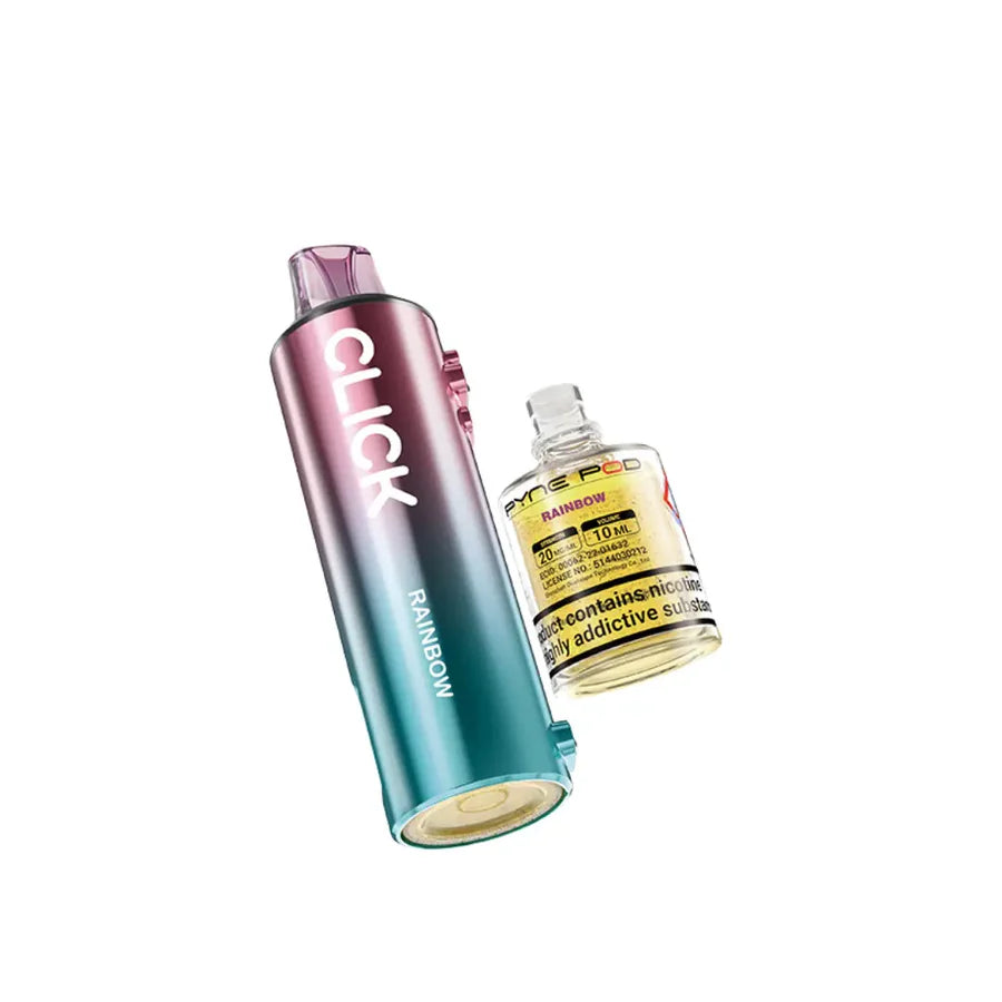 Gradient-colored vape device with 'Click' branding and a bottle of vape juice on a white background.