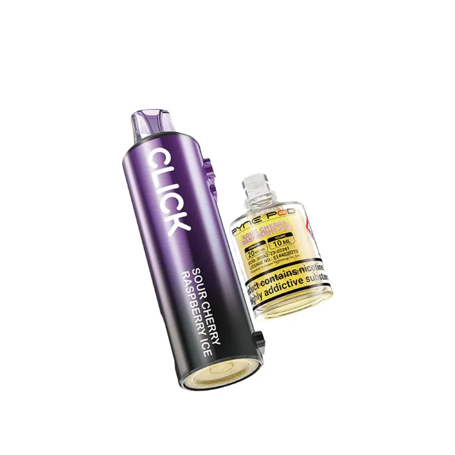 Purple vape device with 'CLICK' branding and a yellow bottle of vape juice on a white background.