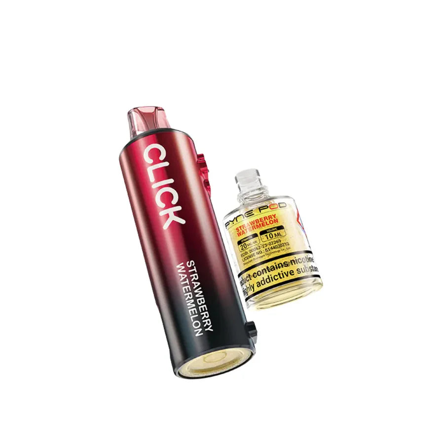Red and black vape device with 'CLICK' branding and a clear bottle of e-liquid on a white background.