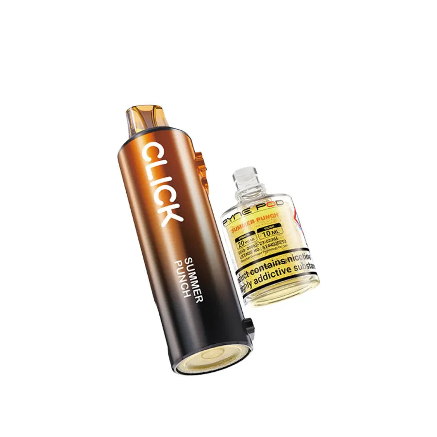 Brown vape device with 'CLICK' branding and a small bottle of vape juice on a white background.
