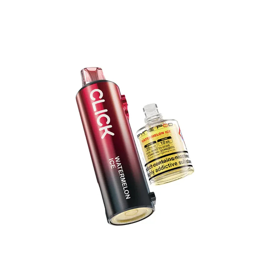 Red and black vape device with a bottle of liquid on a white background