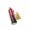 Red and black vape device with a bottle of liquid on a white background