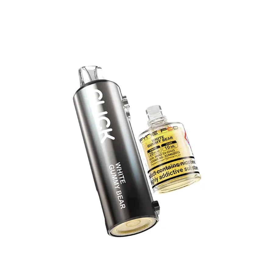 Vape device with a yellow cartridge labeled 'White Gummy Bear' on a white background