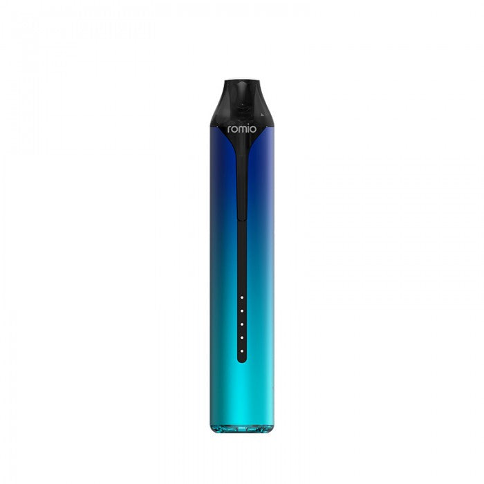 Blue and black vape device with 'romio' branding on a white background