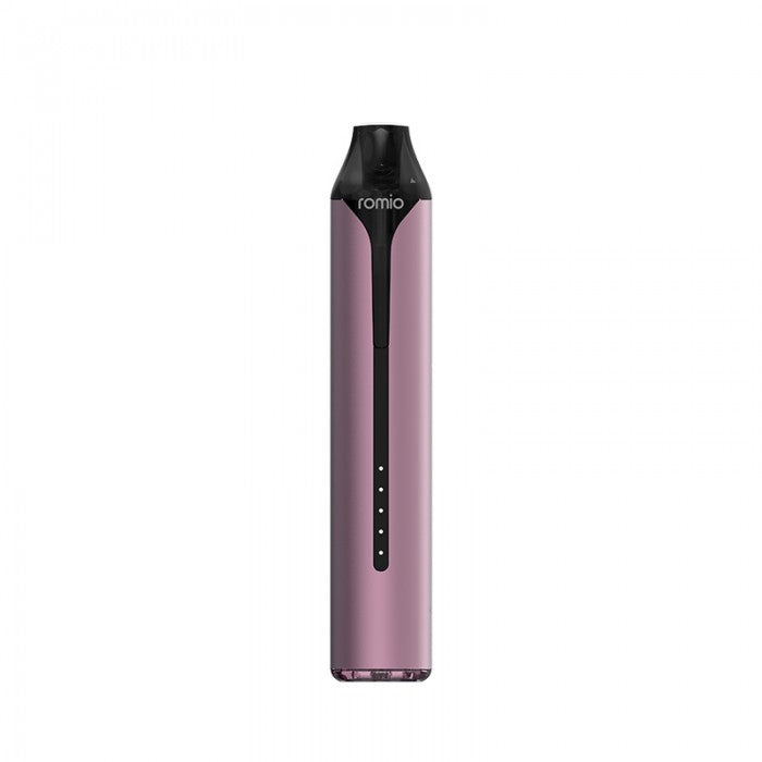 Pink and black vape device with 'romio' branding on a white background