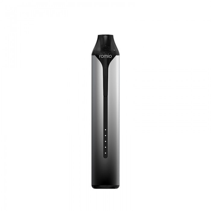 Black and silver vape device with 'romio' branding on a white background