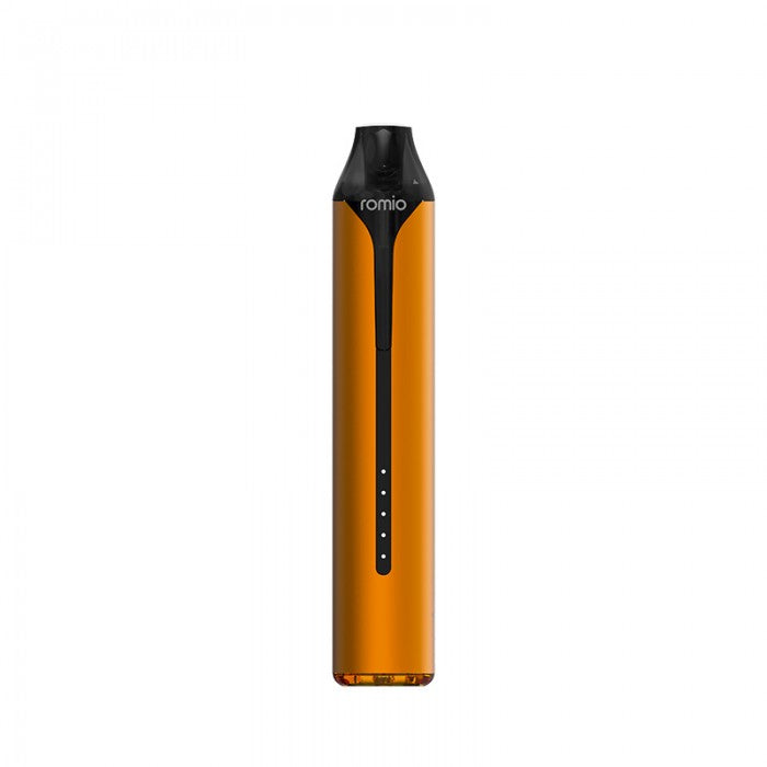 Orange vape pen with 'romio' branding on a white background